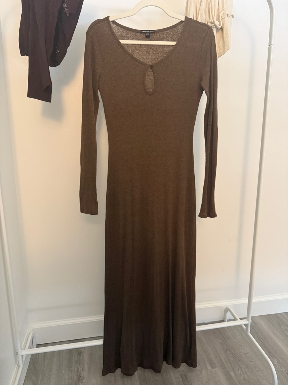 James Perse Brown Ribbed Long-Sleeve Keyhole Dress